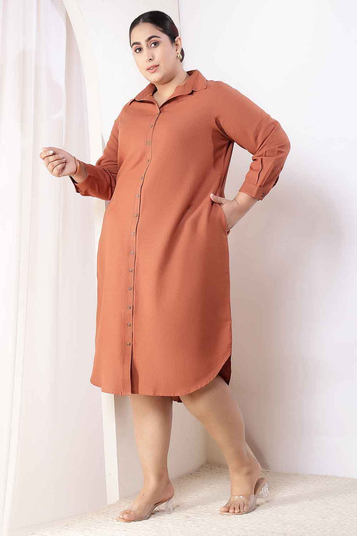 Plus Size  Mocha Brown Cotton Linen Shirt Dress