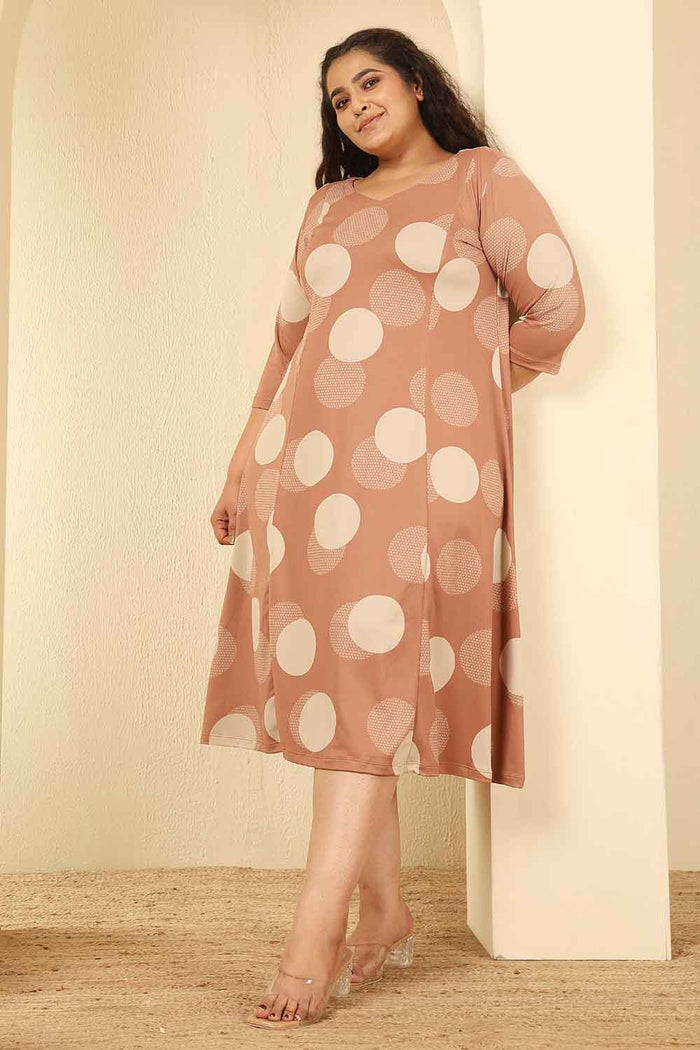 Plus Size Mocha Brown Polka Print A Line Dress