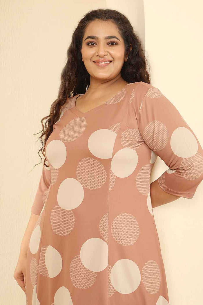 Plus Size Mocha Brown Polka Print A Line Dress