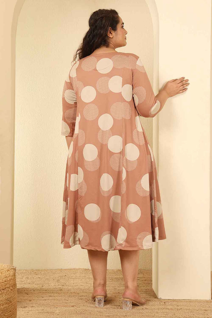 Plus Size Mocha Brown Polka Print A Line Dress