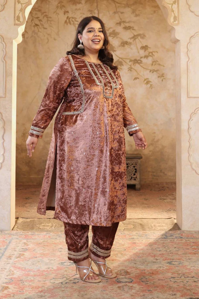 Plus Size Mocha Brown Print Velvet Suit Set