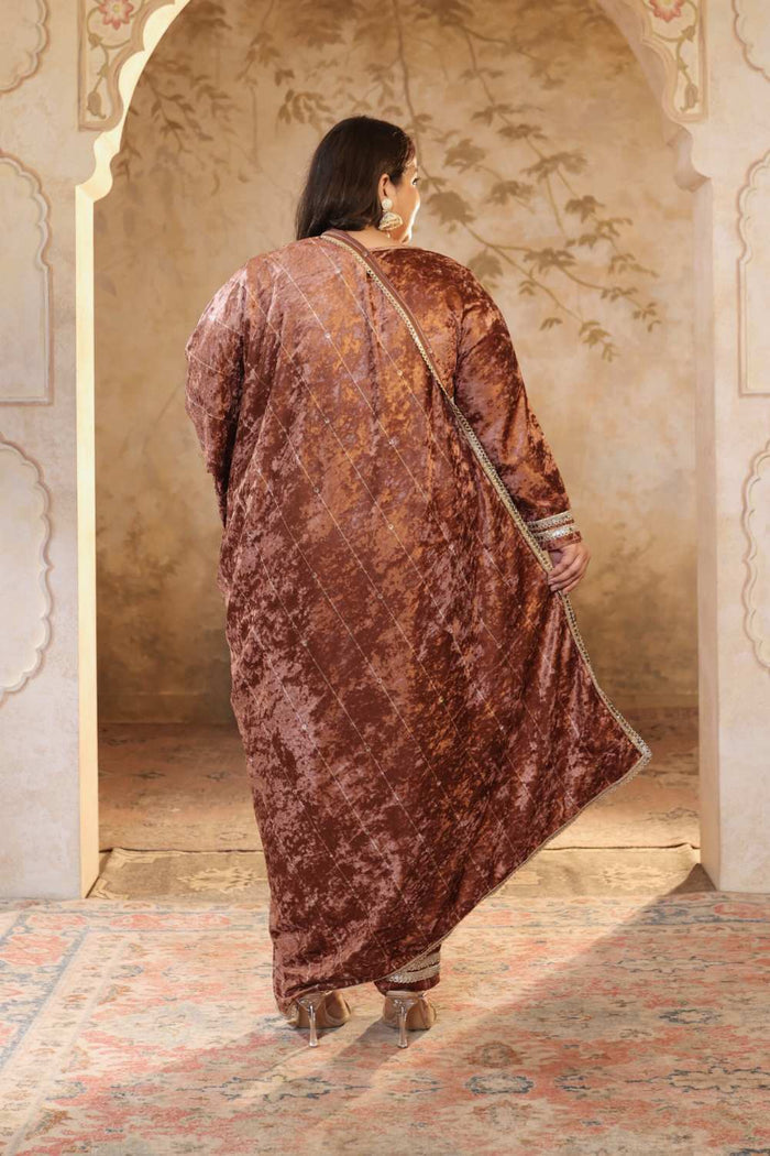 Plus Size Mocha Brown Print Velvet Suit Set