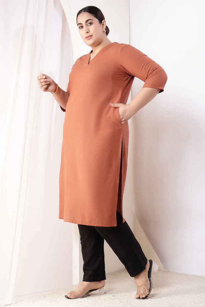 Plus Size  Mocha Brown V-Neck Cotton Linen V Neck Kurta