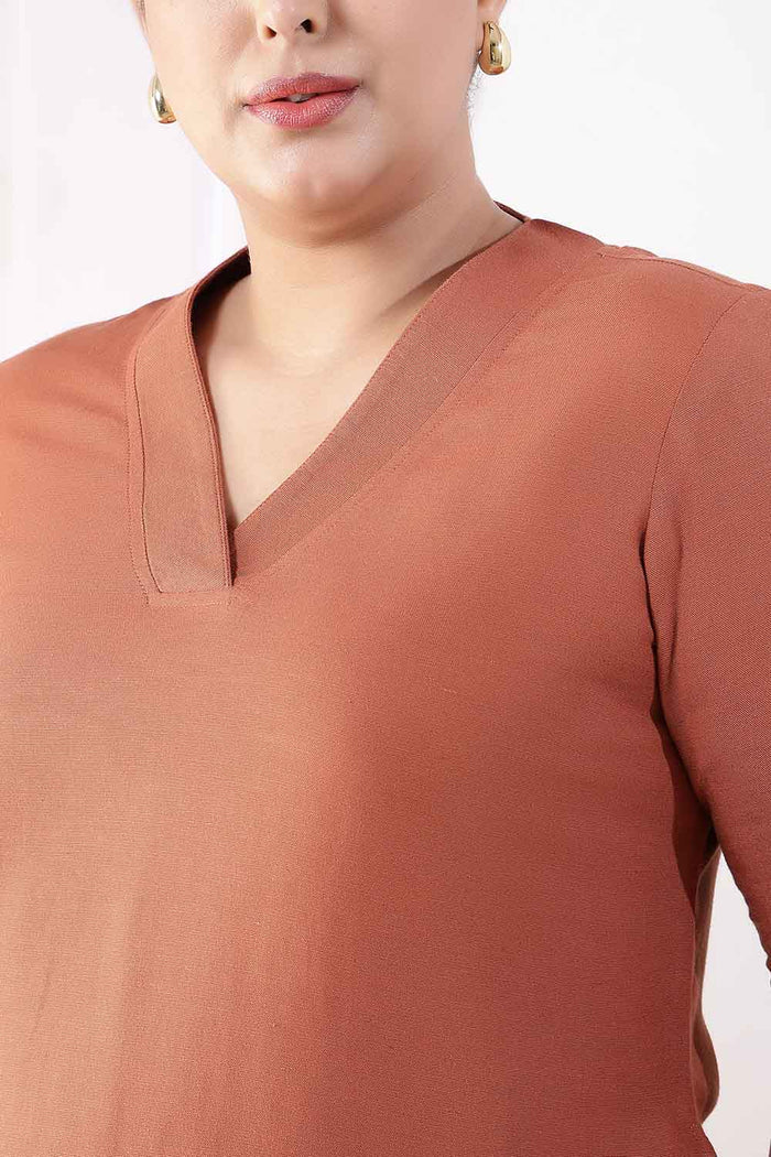 Plus Size  Mocha Brown V-Neck Cotton Linen V Neck Kurta