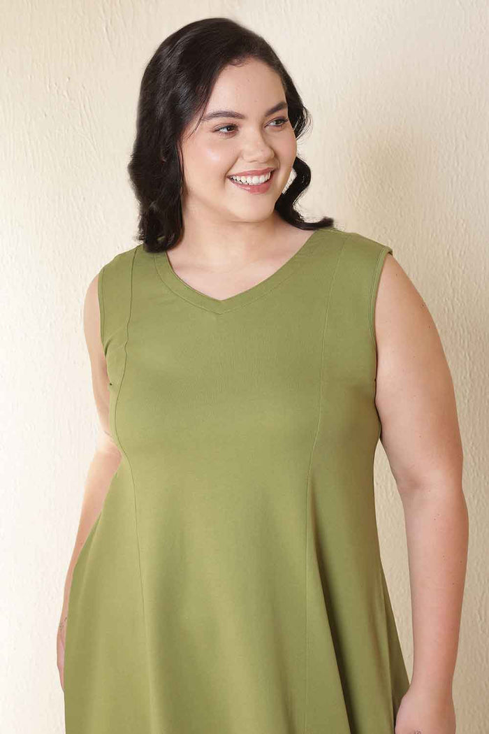 Plus Size Moss Green A-Line Cotton Sleeveless Dress