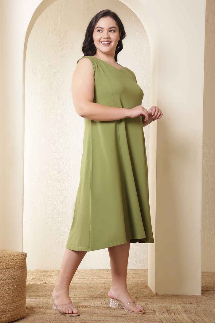 Plus Size Moss Green A-Line Cotton Sleeveless Dress