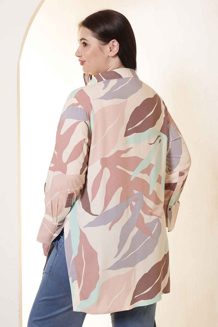Plus Size Multi-Color Abstract Print High Slit Styled Cuff Rayon Shirt