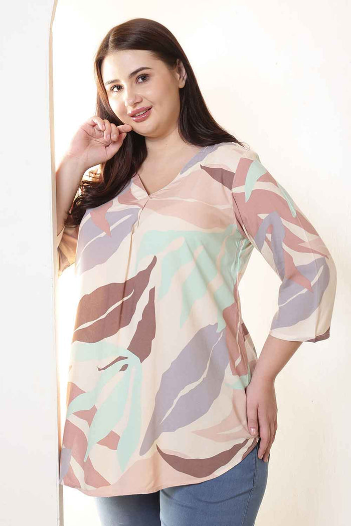 Plus Size Multi-Color Abstract Print V-Neck Rayon Top