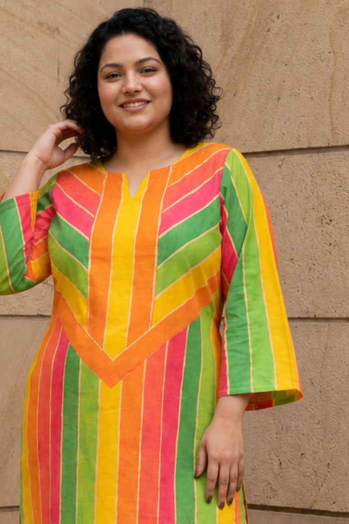 Plus Size Multicolor Abstract Print Cotton Kurta Coord Set