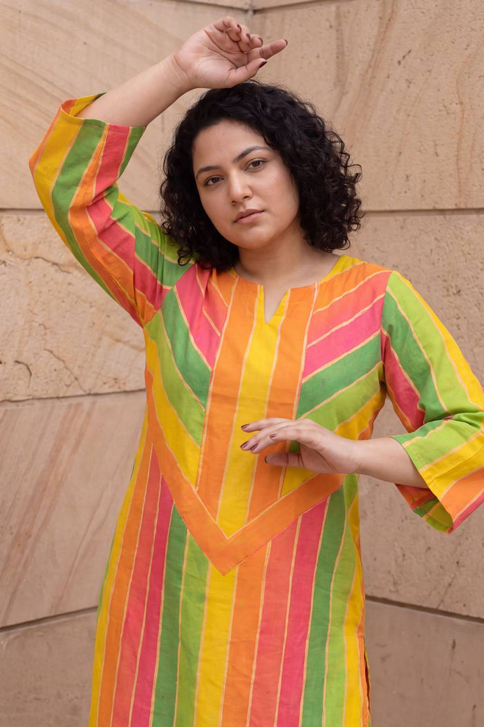 Plus Size Multicolor Abstract Print Cotton Kurta Coord Set