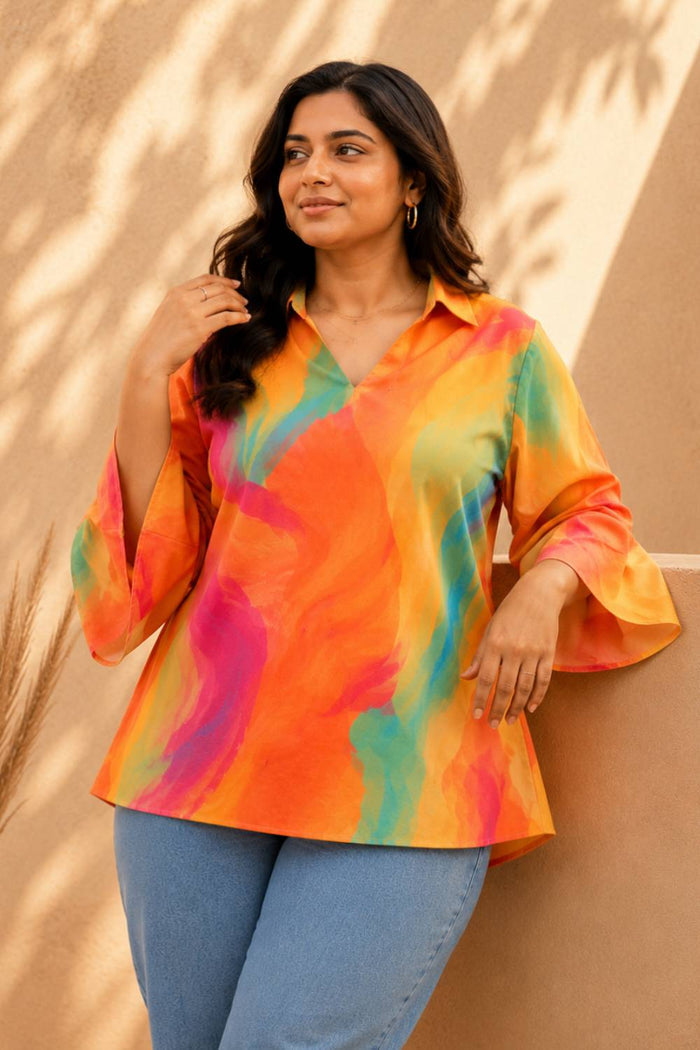 Plus Size Multicolor Abstract Print Cotton Top
