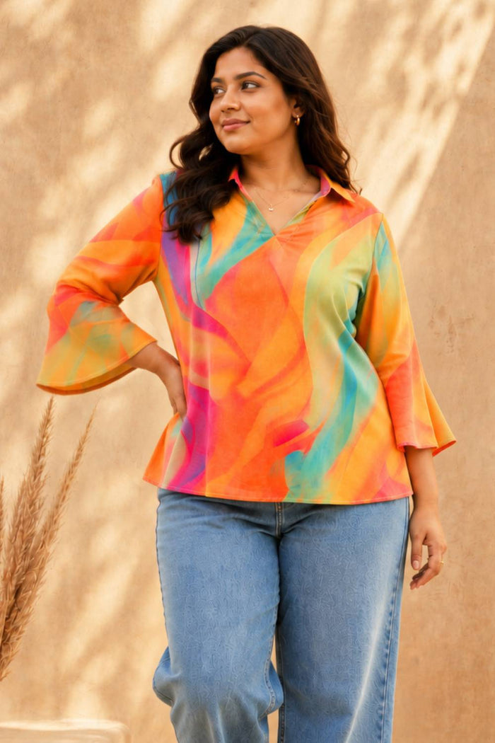 Plus Size Multicolor Abstract Print Cotton Top