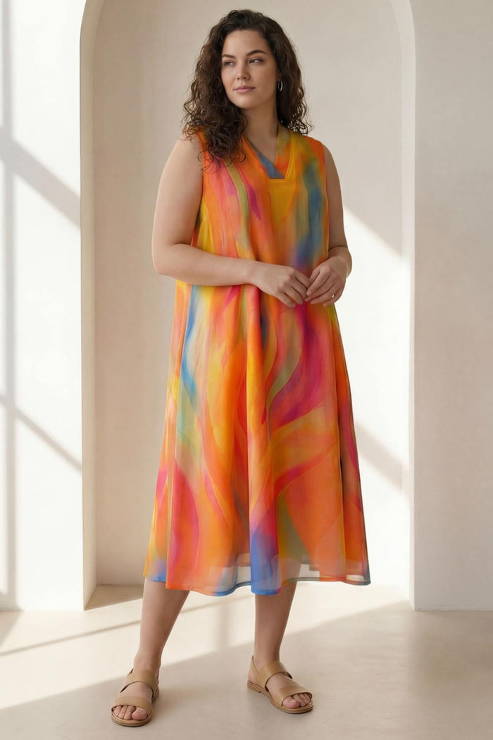 Plus Size Multicolor Abstract Print Sleeveless Cotton Midi Dress
