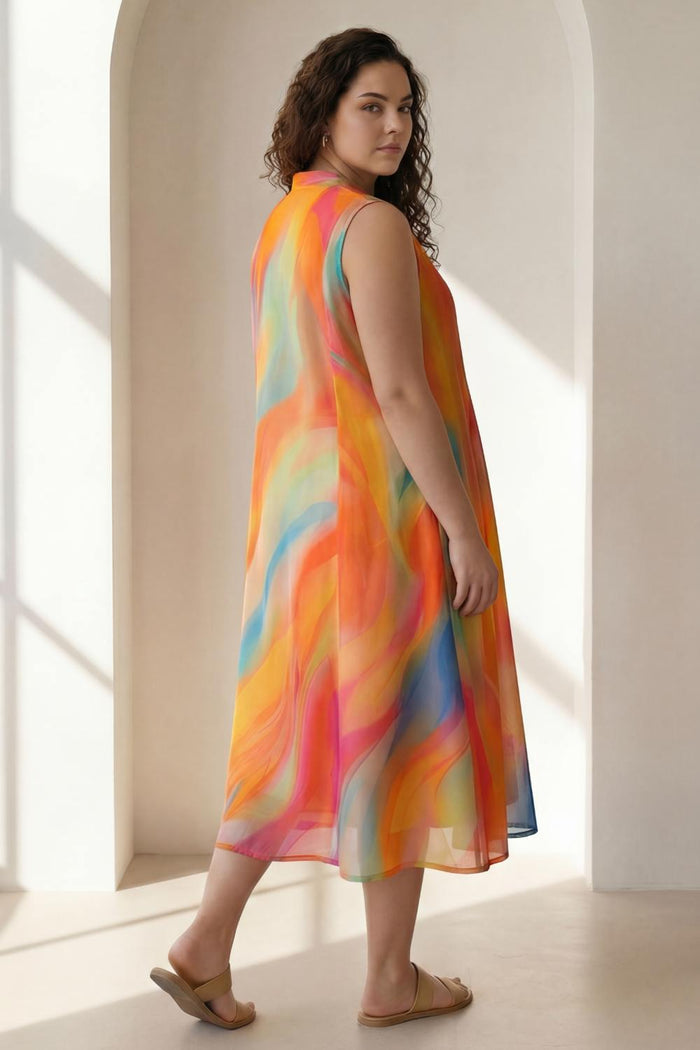 Plus Size Multicolor Abstract Print Sleeveless Cotton Midi Dress