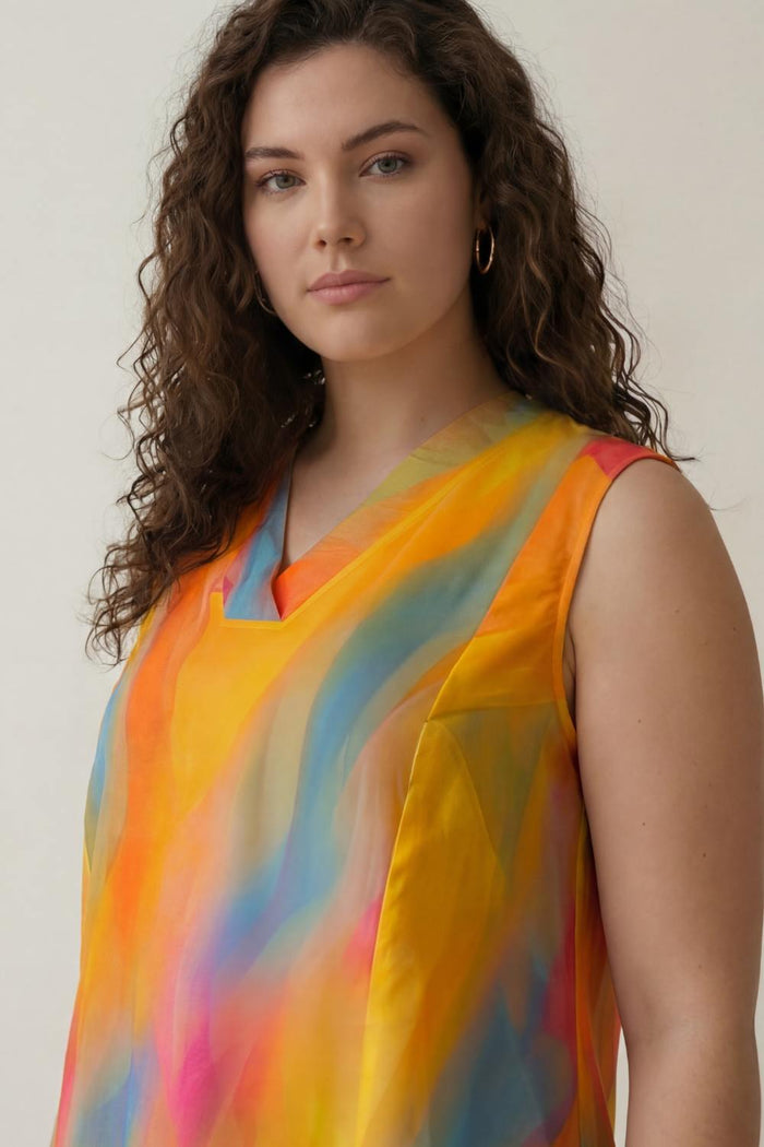 Plus Size Multicolor Abstract Print Sleeveless Cotton Midi Dress