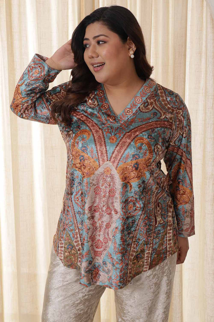 Plus Size Multicolor Ethnic Velvet Top