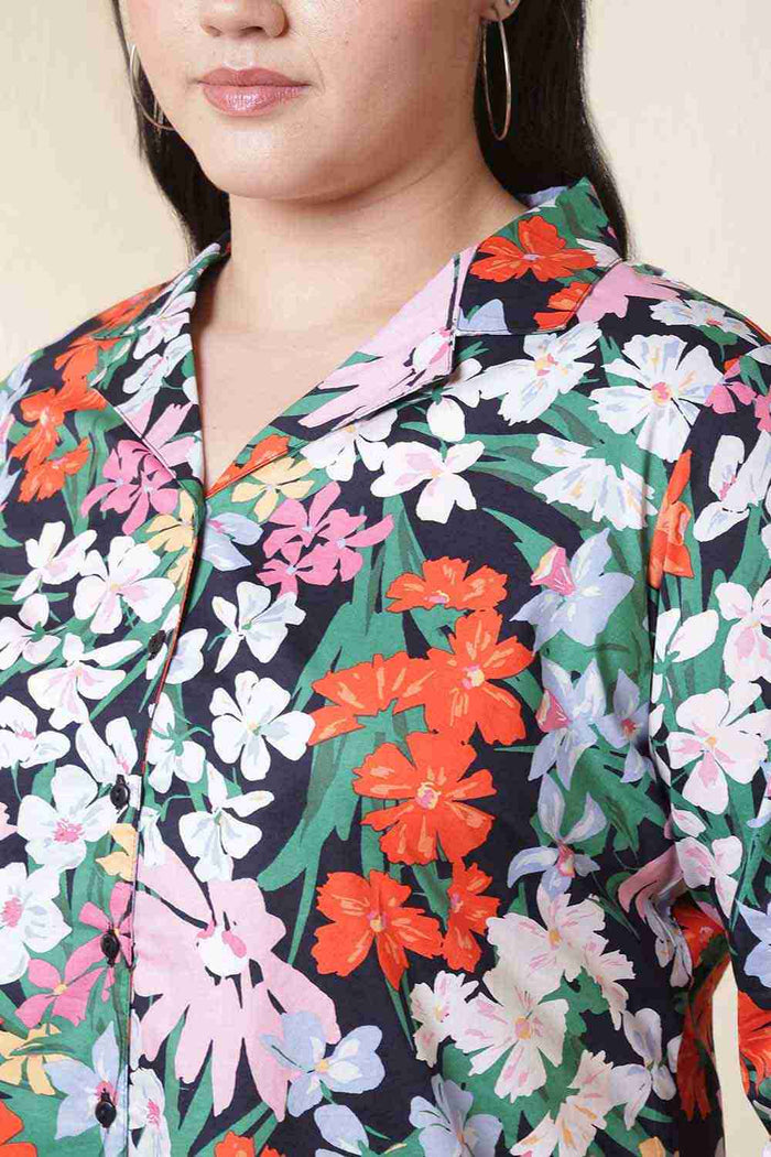 Plus Size Multicolor Floral Print Cuban Collar Cotton Shirt