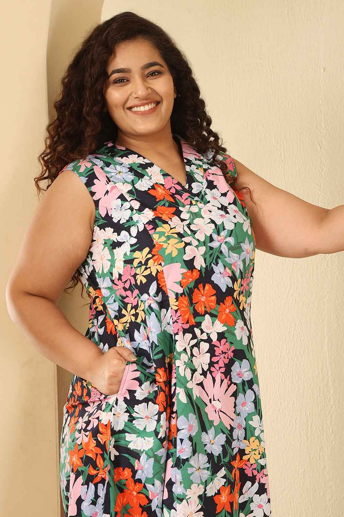 Plus Size Multicolor Floral Print Sleeveless Cotton Midi Dress