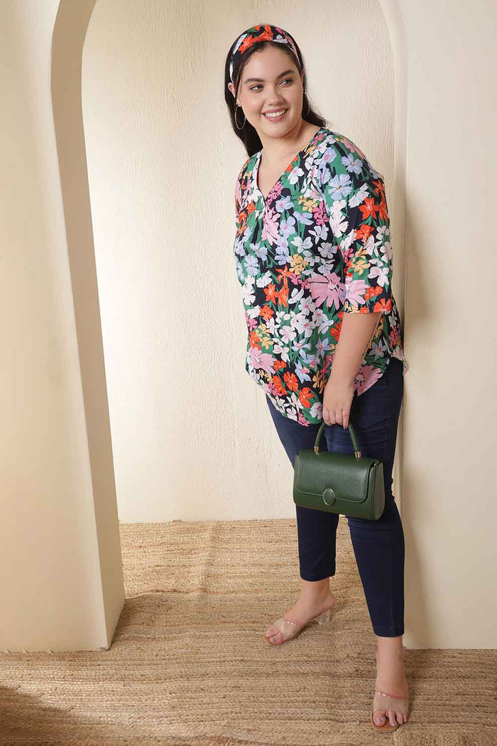 Plus Size Multicolor Floral Print V Neck Cotton Top