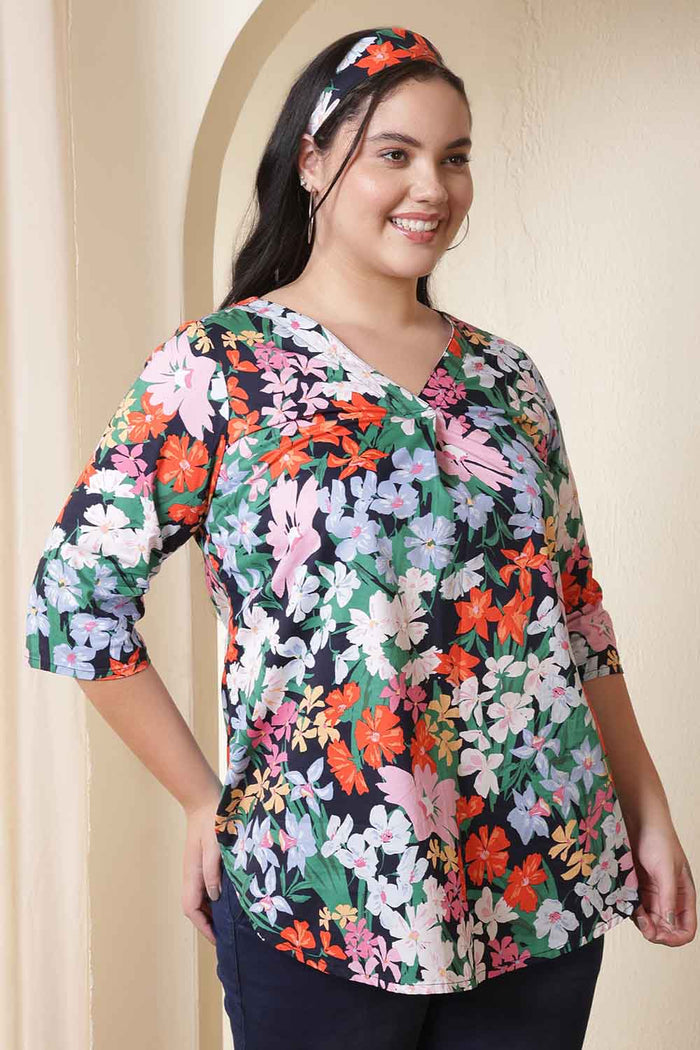 Plus Size Multicolor Floral Print V Neck Cotton Top