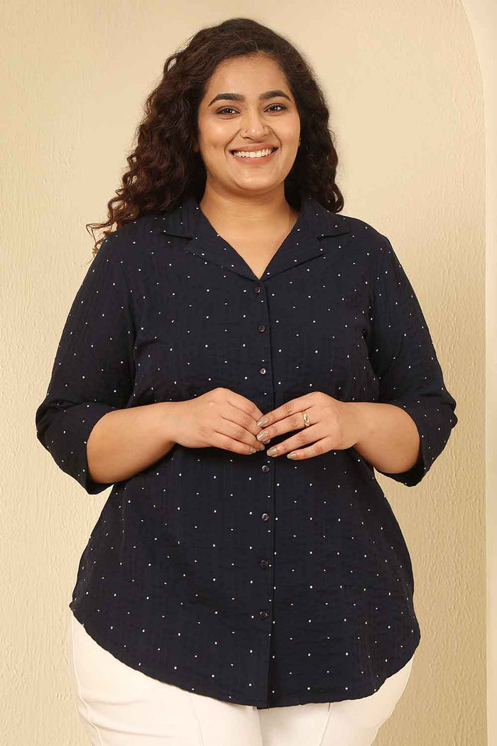 Plus Size Navy Blue Dobby Weave Cotton Cuban Collar Shirt