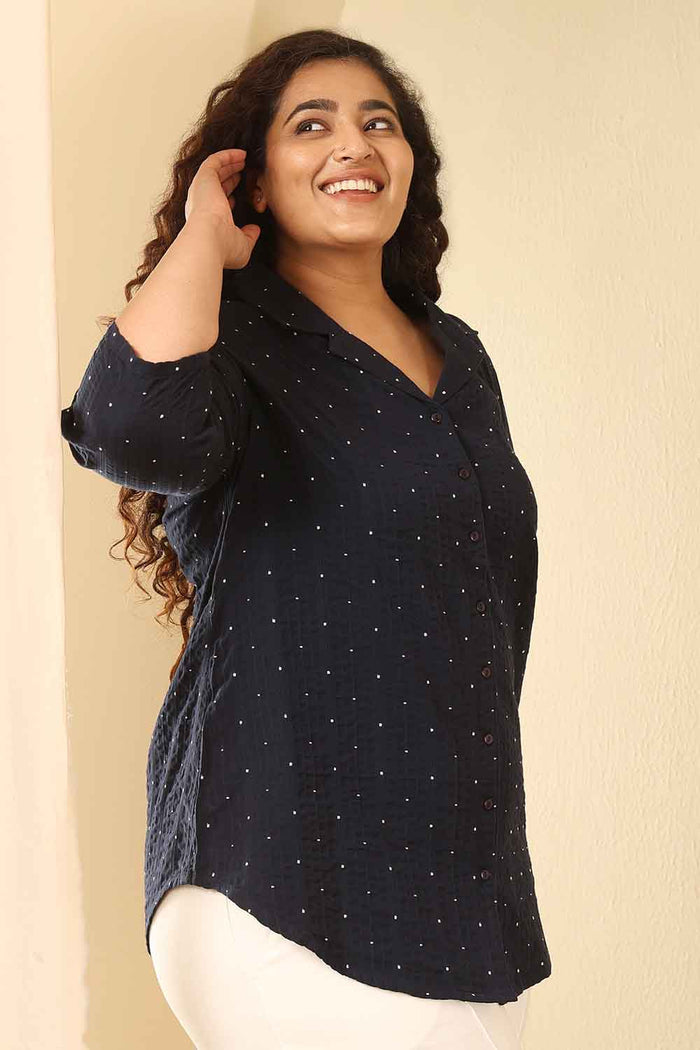 Plus Size Navy Blue Dobby Weave Cotton Cuban Collar Shirt