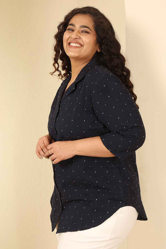 Plus Size Navy Blue Dobby Weave Cotton Cuban Collar Shirt