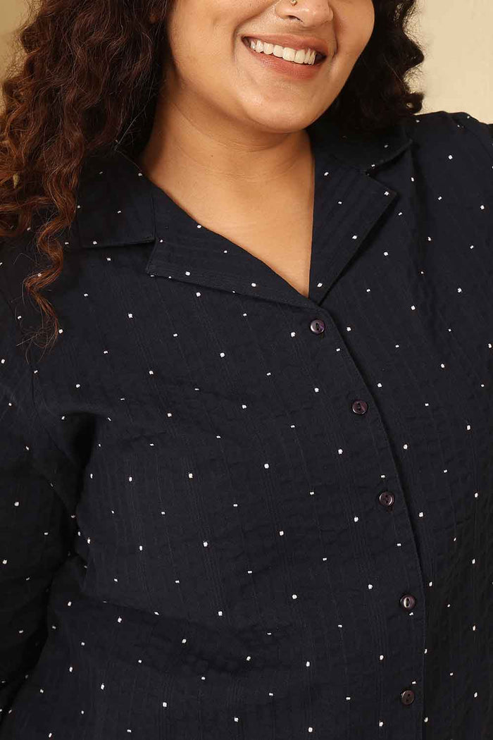 Plus Size Navy Blue Dobby Weave Cotton Cuban Collar Shirt