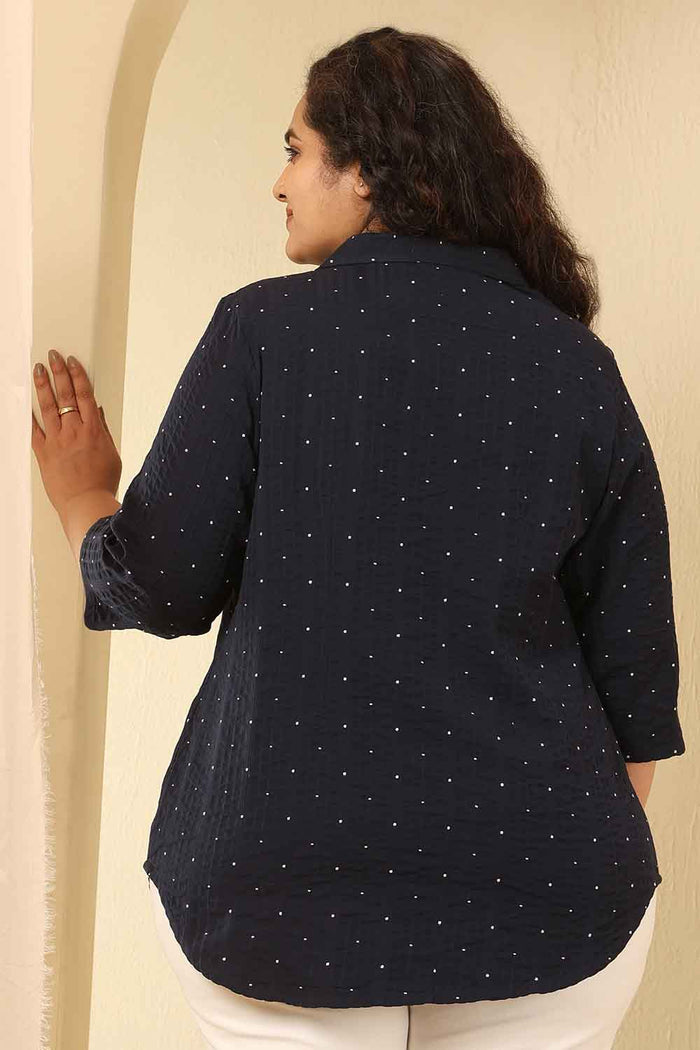 Plus Size Navy Blue Dobby Weave Cotton Cuban Collar Shirt