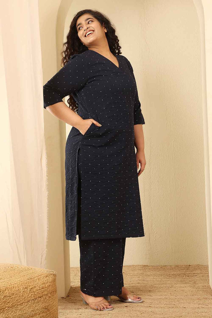 Plus Size Navy Blue Dobby Weave Cotton Kurta Coord Set