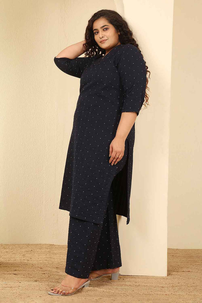 Plus Size Navy Blue Dobby Weave Cotton Kurta Coord Set