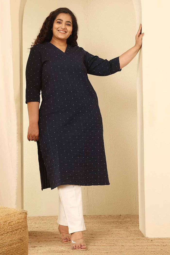 Plus Size Navy Blue Dobby Weave Cotton V Neck Kurta