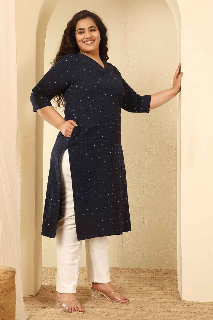 Plus Size Navy Blue Dobby Weave Cotton V Neck Kurta