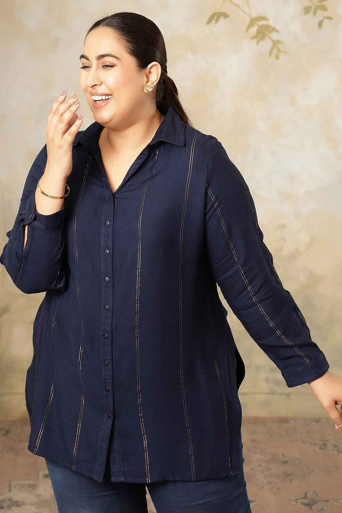 Plus Size Navy Blue Golden Pin Striped High Slit Longline Shirt