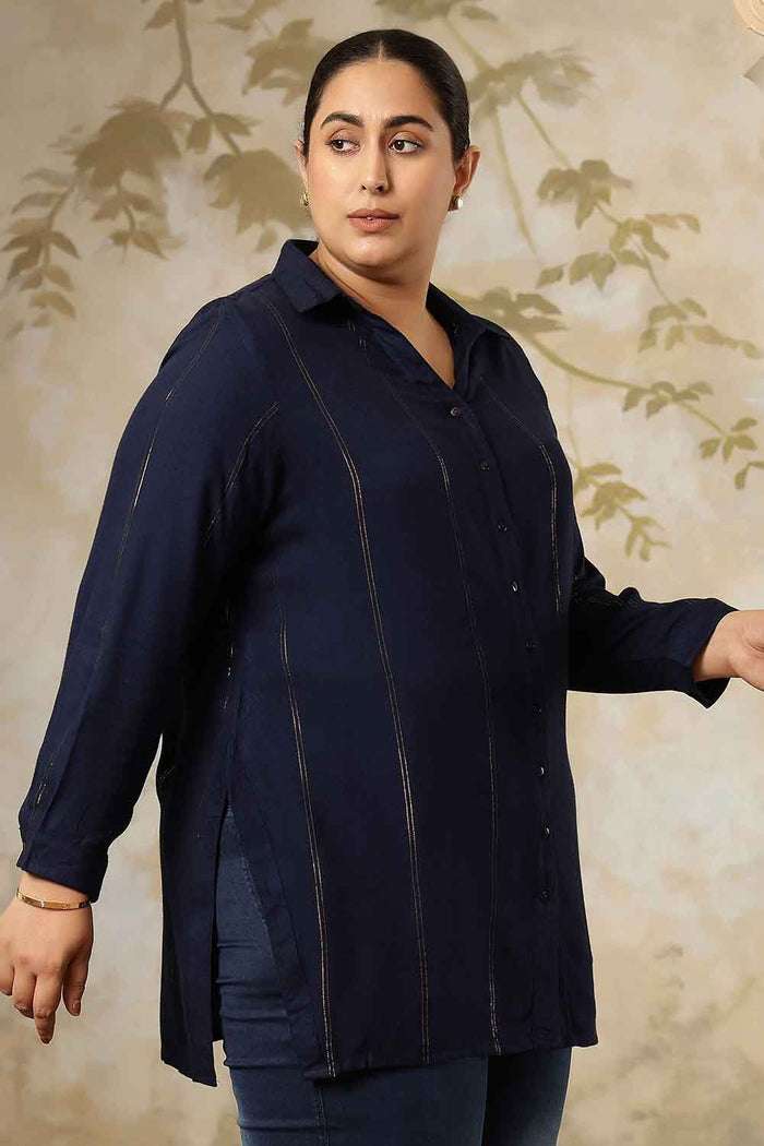 Plus Size Navy Blue Golden Pin Striped High Slit Longline Shirt