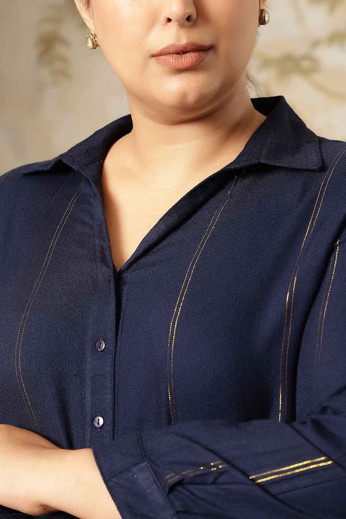 Plus Size Navy Blue Golden Pin Striped High Slit Longline Shirt