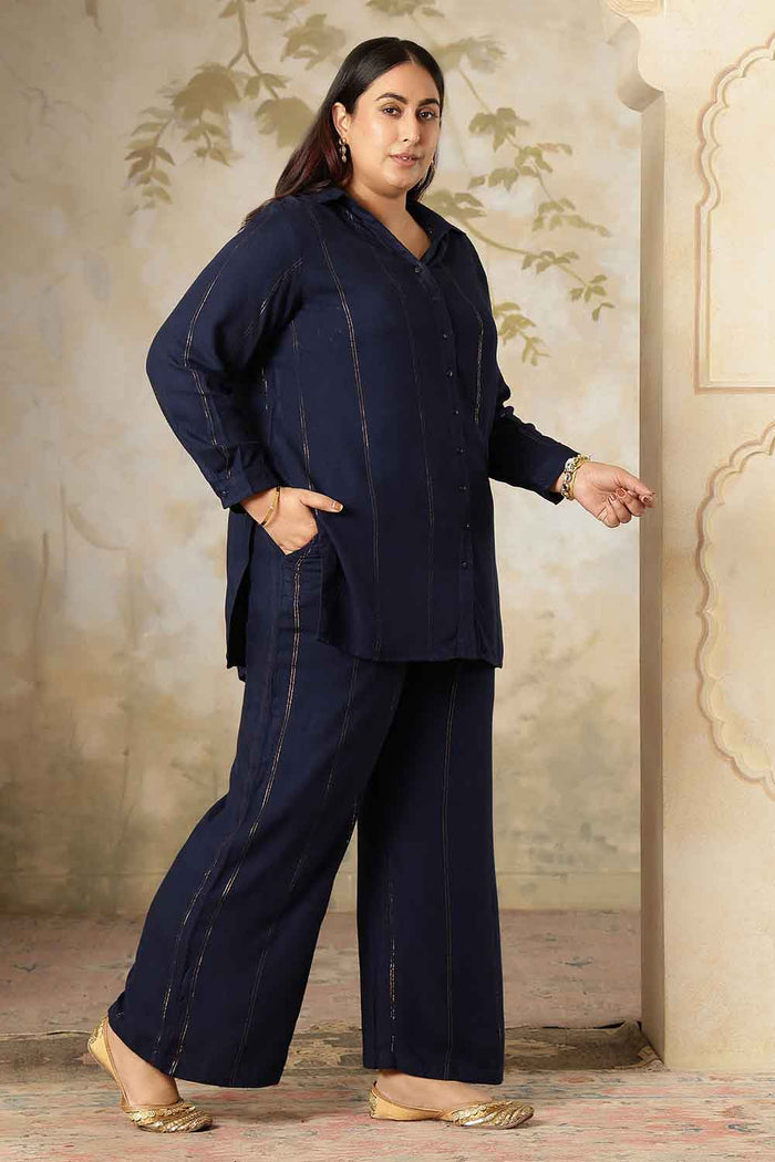 Plus Size Navy Blue Golden Pin Striped Shirt Coord Set