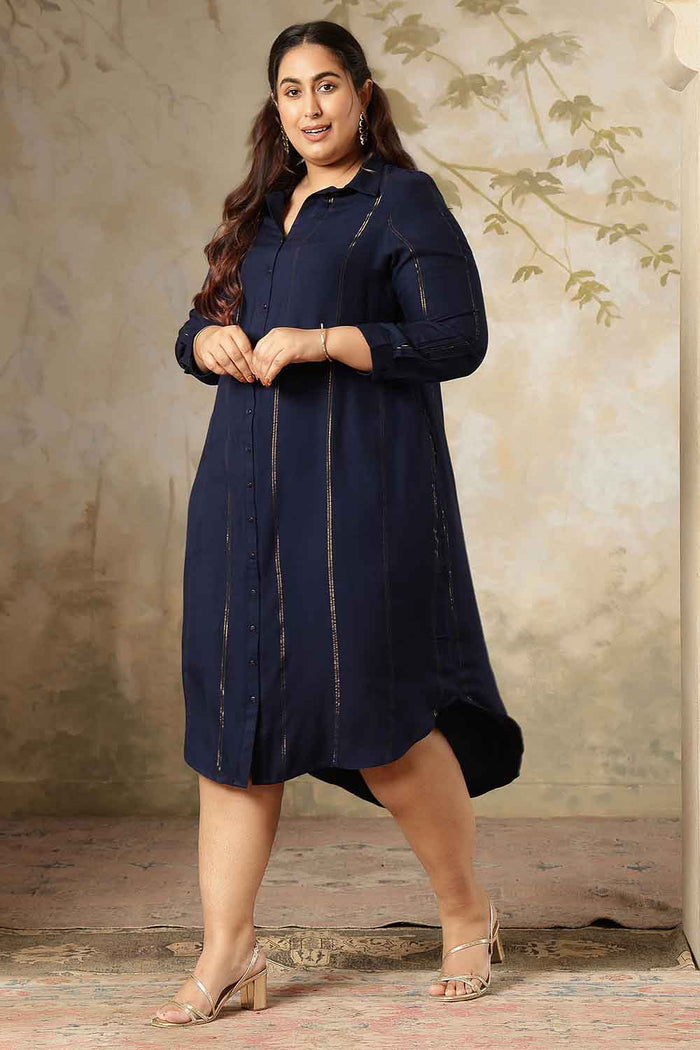 Plus Size Navy Blue Golden Pin Striped Shirt Dress
