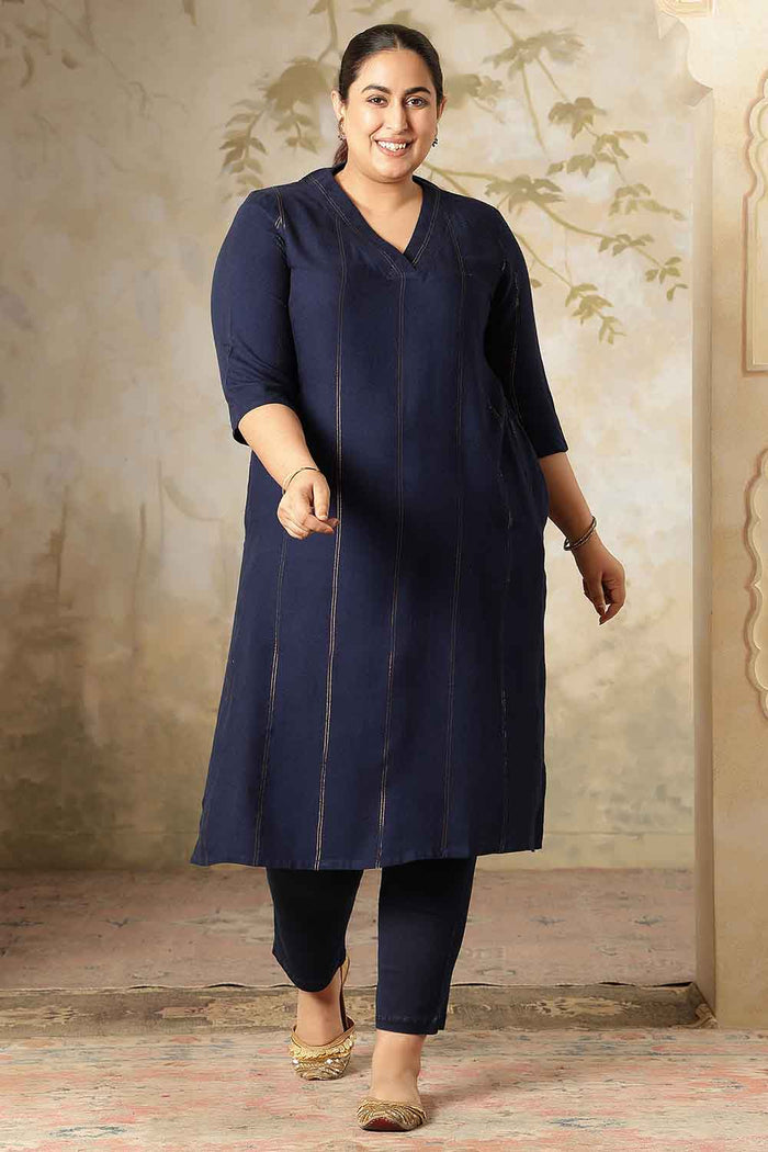 Plus Size Navy Blue Golden Pin Striped V-Neck Kurta