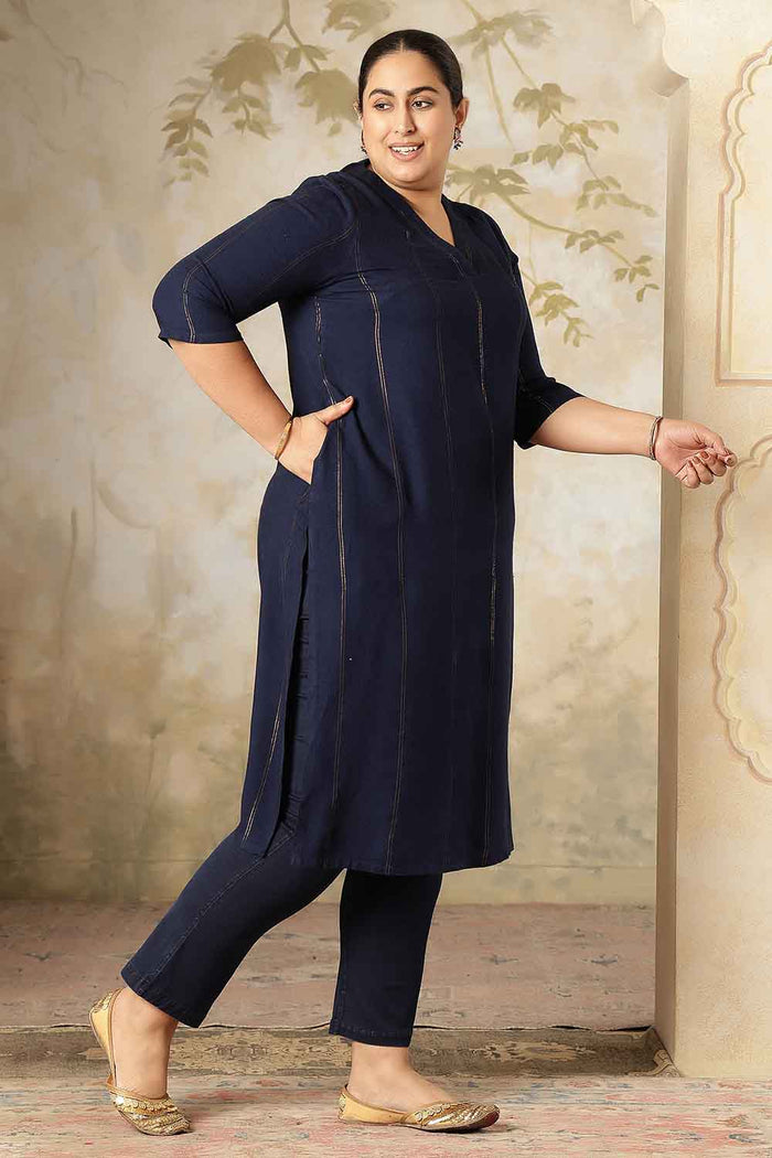 Plus Size Navy Blue Golden Pin Striped V-Neck Kurta