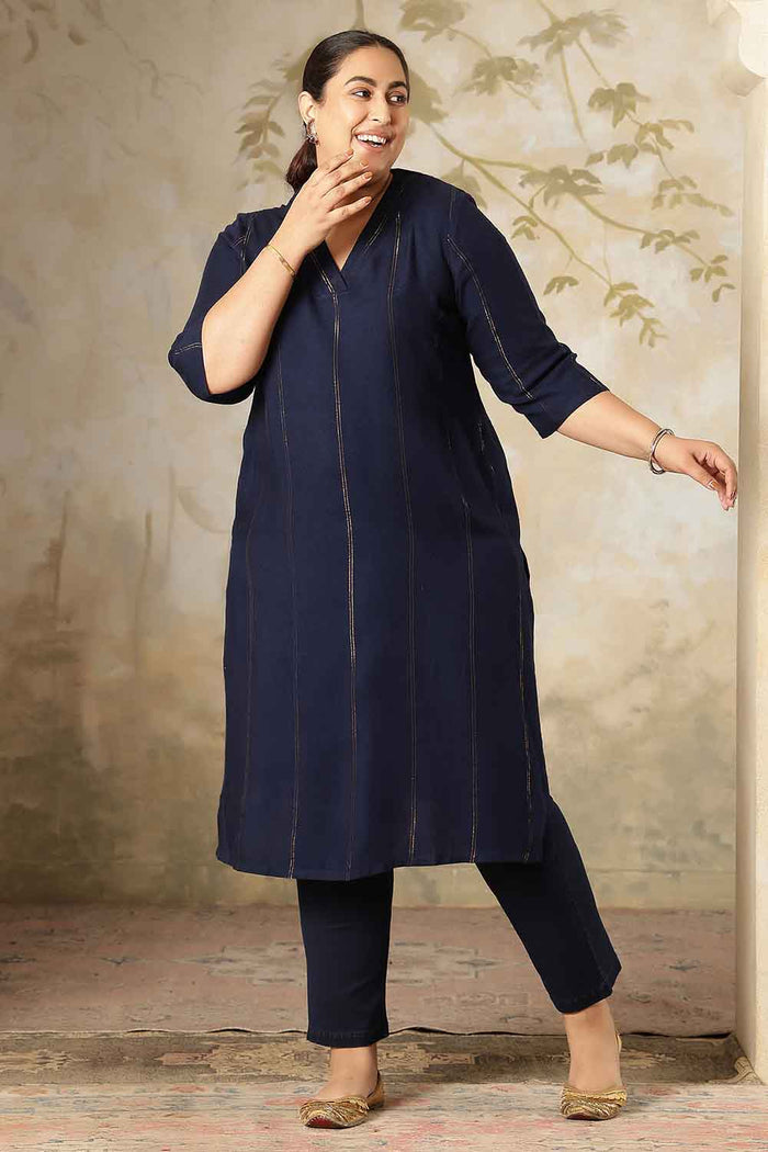 Plus Size Navy Blue Golden Pin Striped V-Neck Kurta