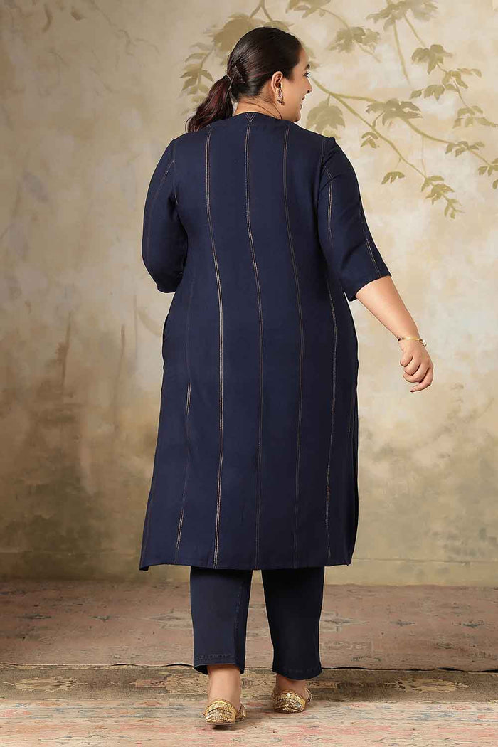 Plus Size Navy Blue Golden Pin Striped V-Neck Kurta