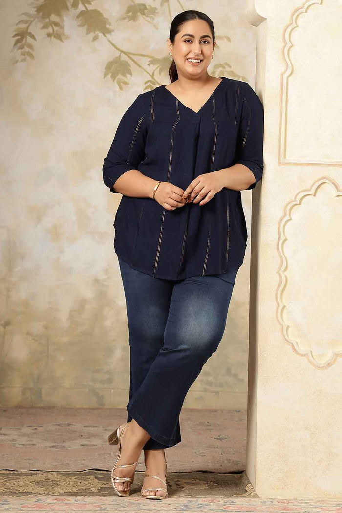 Plus Size Navy Blue Golden Pin Striped V-Neck Top