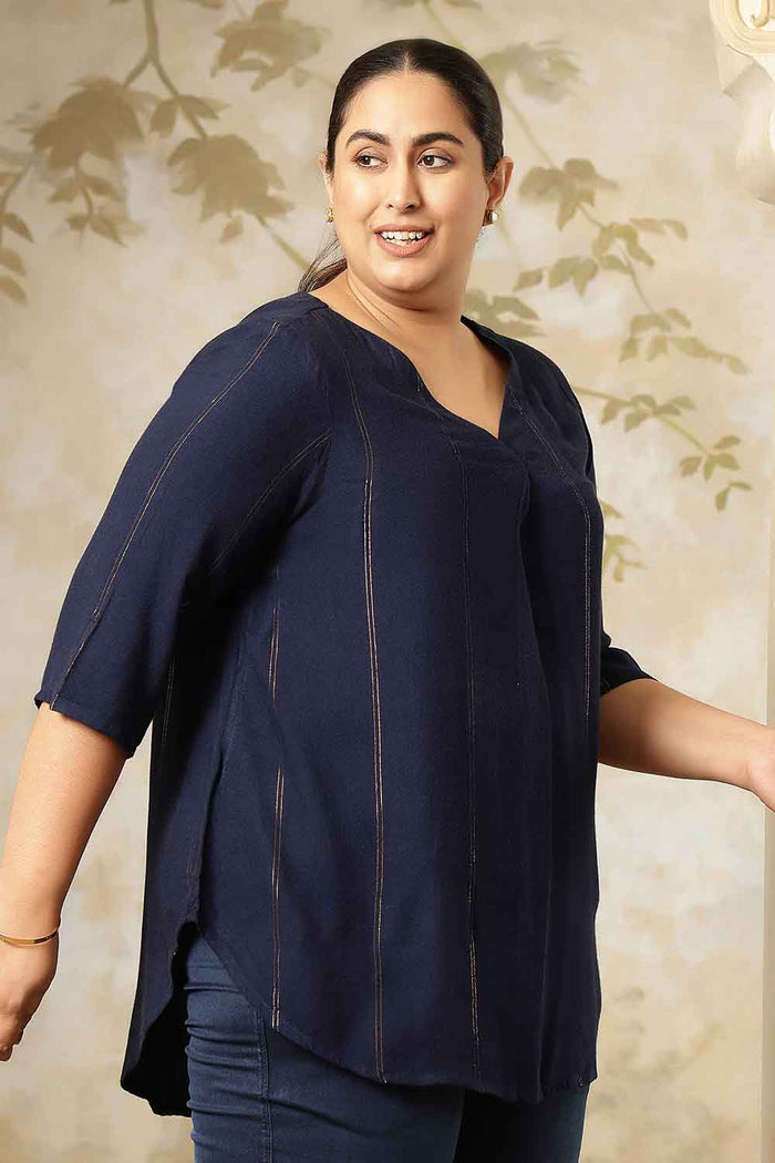 Plus Size Navy Blue Golden Pin Striped V-Neck Top