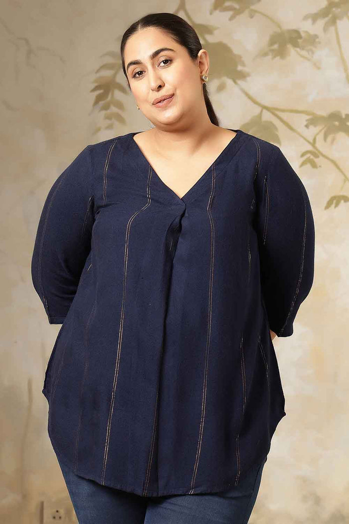 Plus Size Navy Blue Golden Pin Striped V-Neck Top