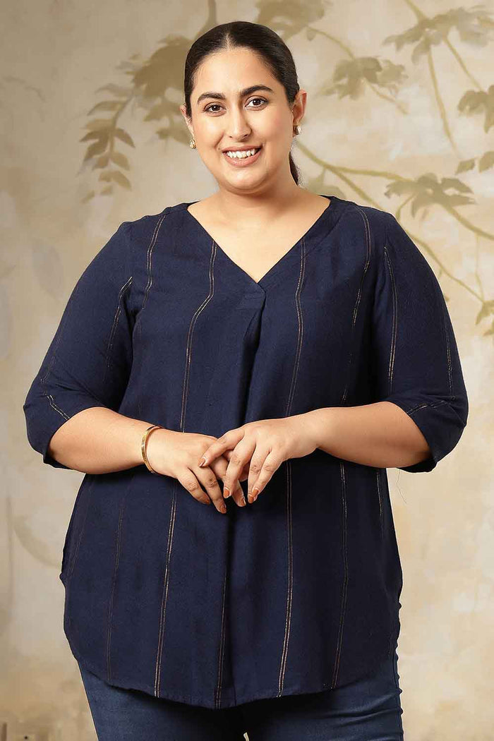 Plus Size Navy Blue Golden Pin Striped V-Neck Top