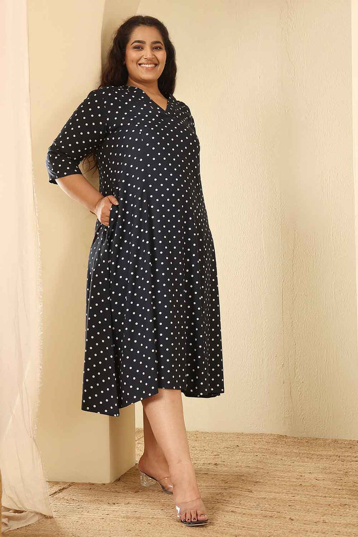 Plus Size Navy Blue Polka Dot Cotton Midi Dress