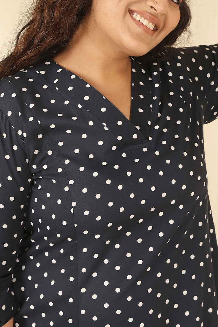Plus Size Navy Blue Polka Dot Cotton Midi Dress