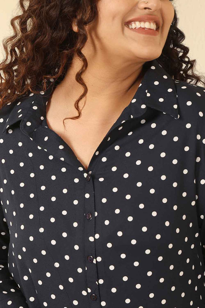Plus Size Navy Blue Polka Dot Cotton Shirt Dress