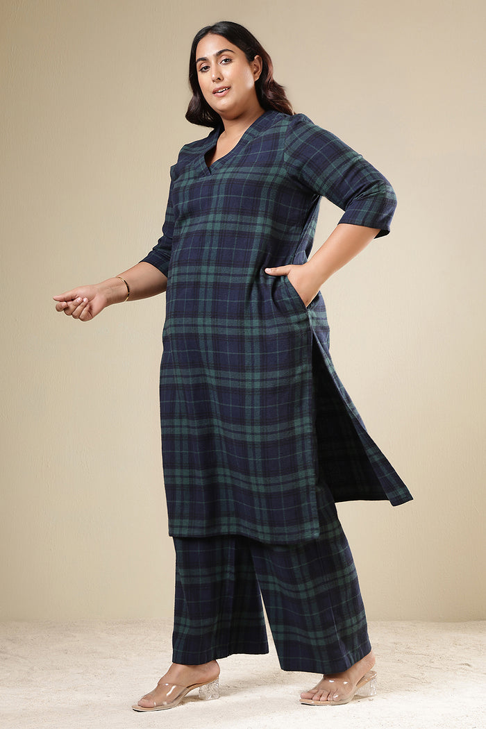 Plus Size Navy & Green Check Cotton Flannel Kurta Coord Set